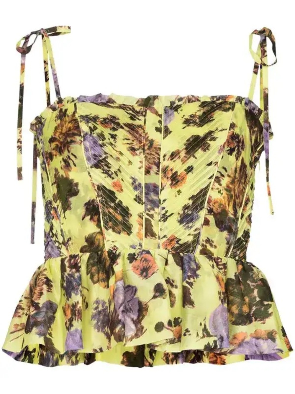 Ulla Johnson Lime Floral Tie-Shoulder Peplum Bustier Top - Picture 2 of 5